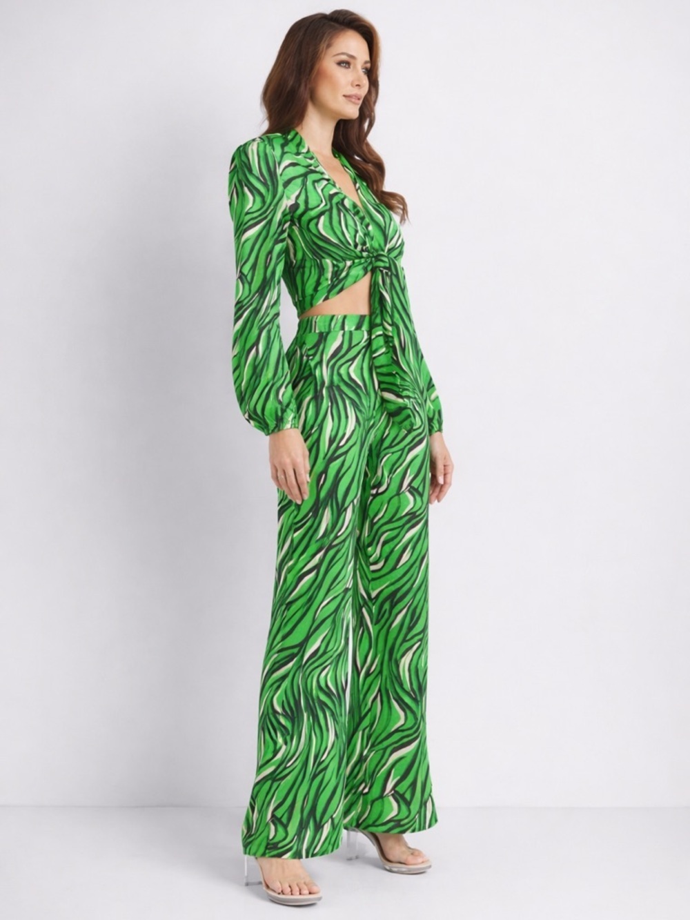 Green Zebra-Print Tie-Front Top and Pants Set Small